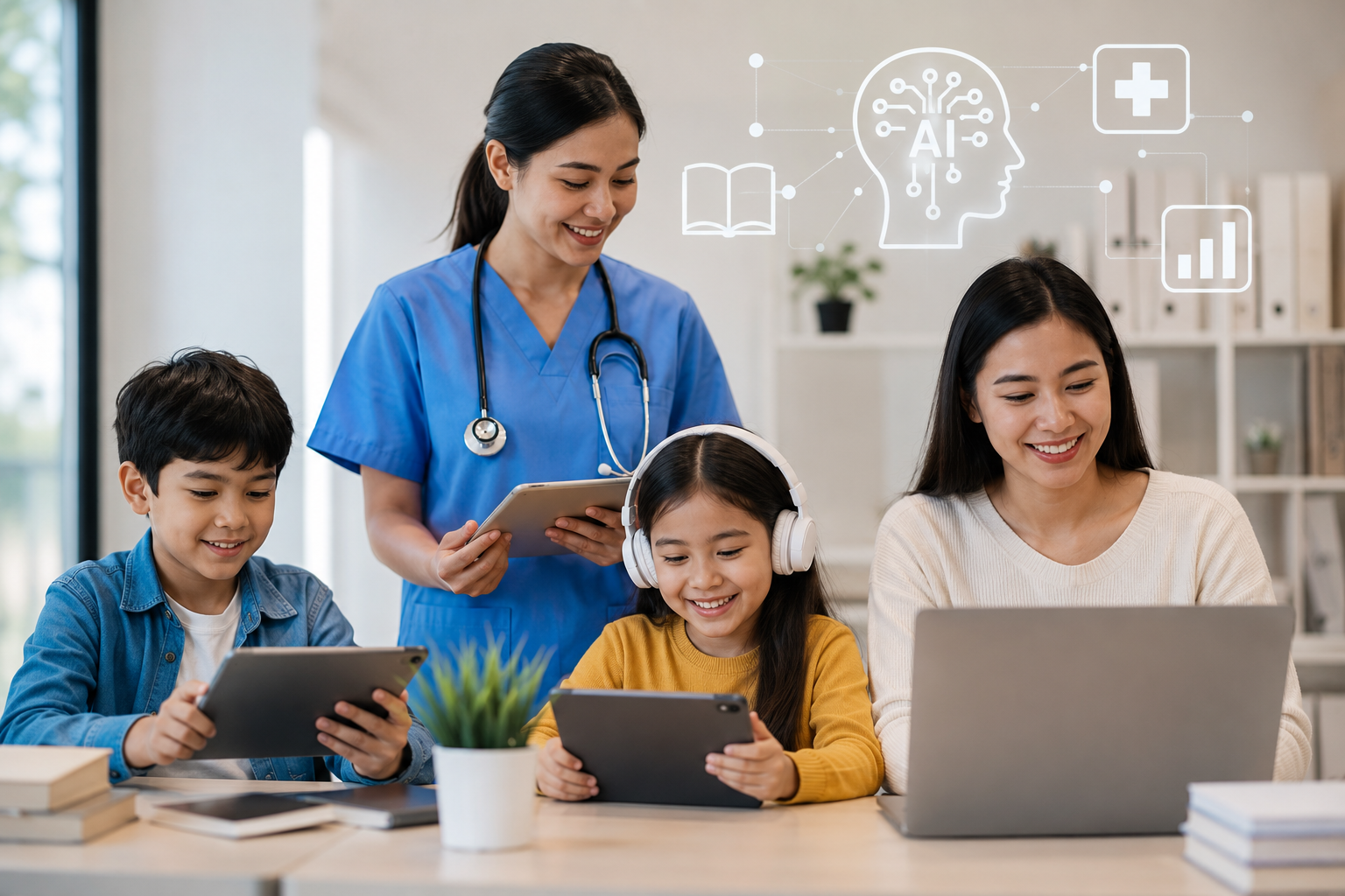 Healthcare professional and family using educational technology